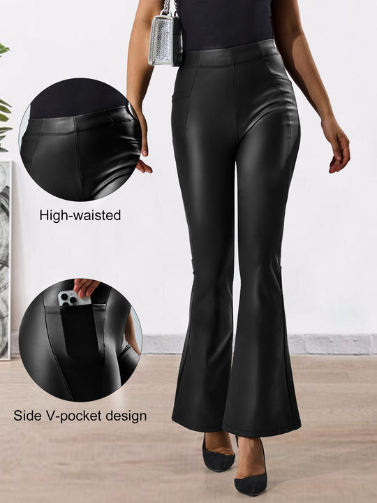 Damen Hochtaillierte Kunstleder-Flared-Leggings mit V-Seitentasche und figurformender Passform Shopy Nory