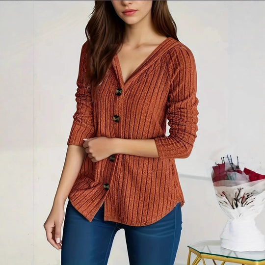 Damen kaschierender gerippter Strickcardigan mit V-Ausschnitt und dekorativen Knöpfen Shop Nory