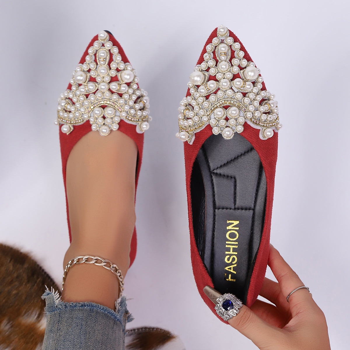 Damen elegante Ballerinas mit kunstvoller Perlenapplikation