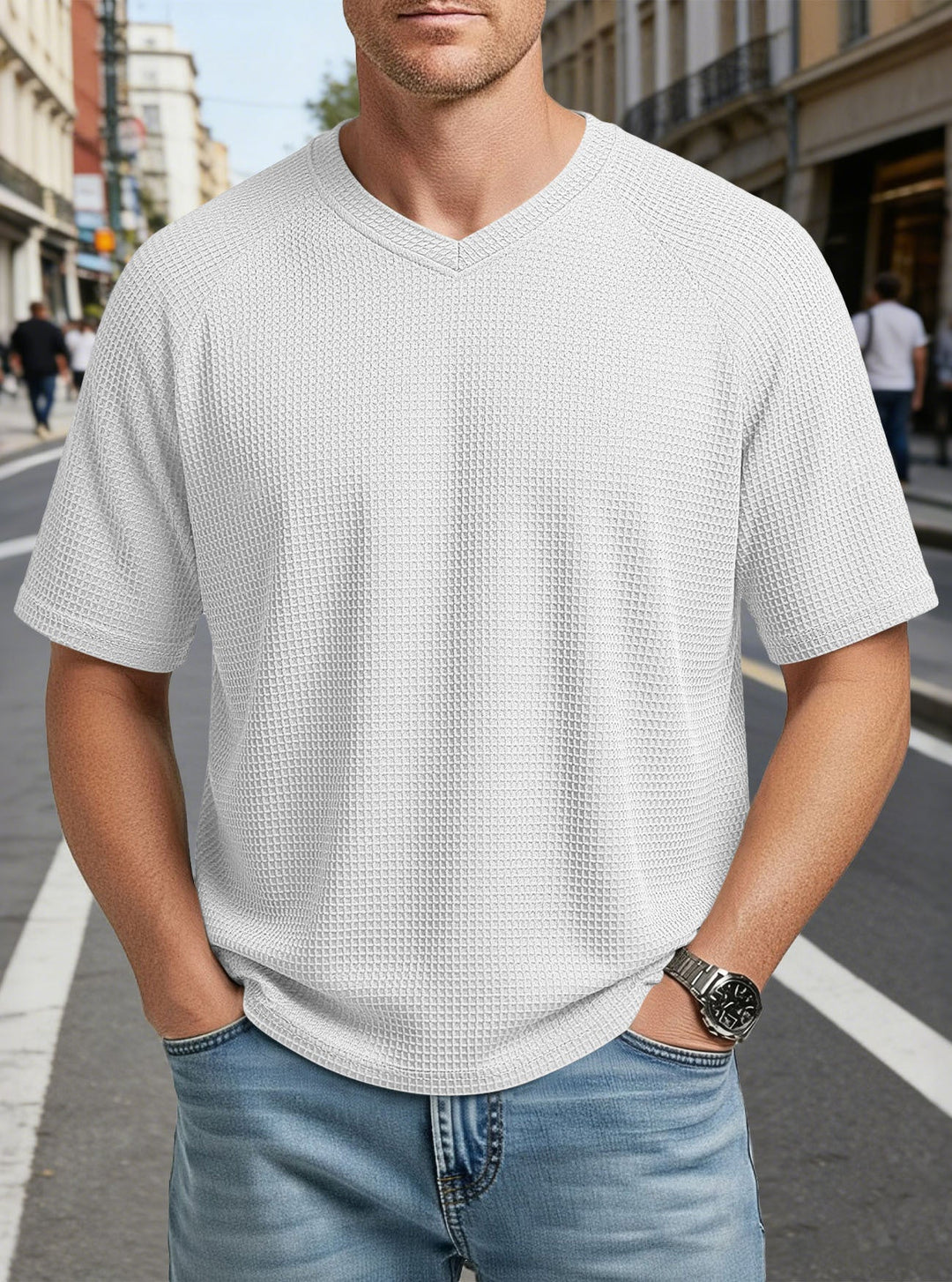 Herren nan lässiges V-Ausschnitt Waffelstrick-T-Shirt aus atmungsaktivem Baumwollmix