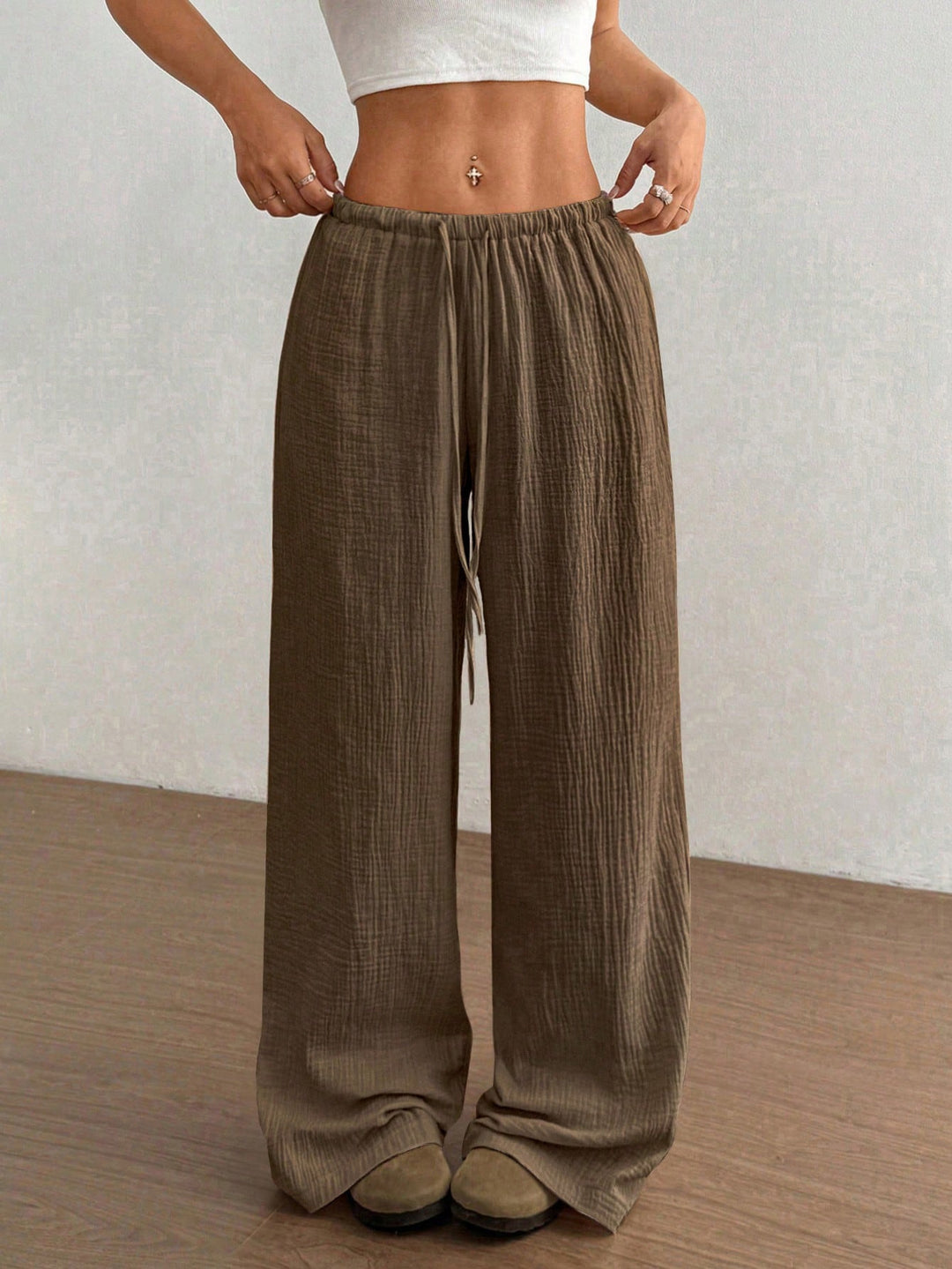 Damen Weite Baumwoll-Gauze-Hose mit hohem Bund, Gummizug und Kordelzug Shop Nory