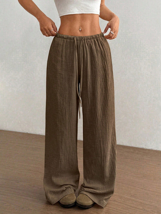 Damen Weite Baumwoll-Gauze-Hose mit hohem Bund, Gummizug und Kordelzug Shop Nory