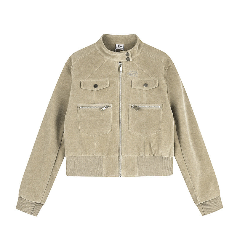 Damen Kurz geschnittene Samtvelours Bomberjacke mit Stehkragen und Multifunktionstaschen Shop Nory