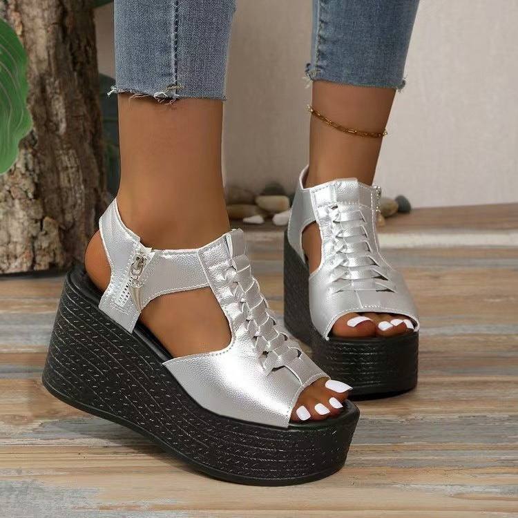 Damen Plateau-Sandalen mit elastischen Schnürungen und Reißverschluss