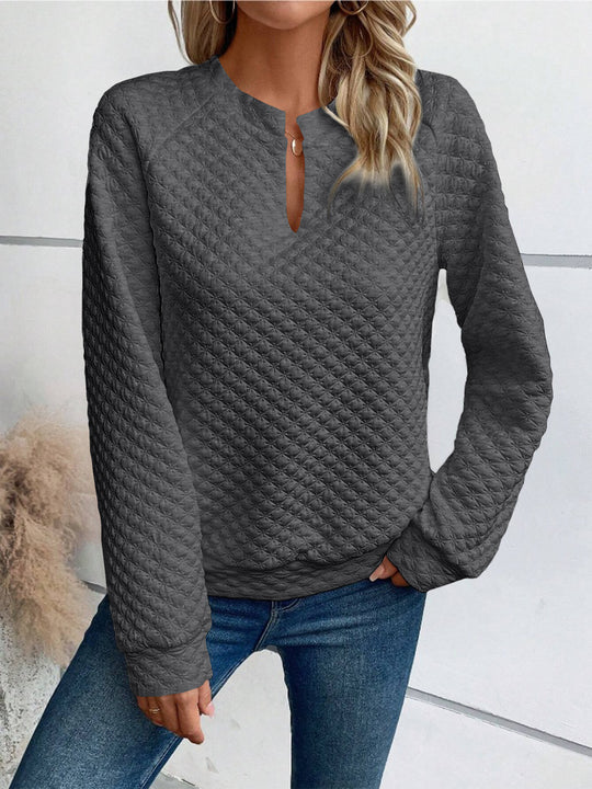 Damen Gestepptes Sweatshirt mit Schlitzkragen, Rautenstruktur und Raglanärmeln Shop Nory