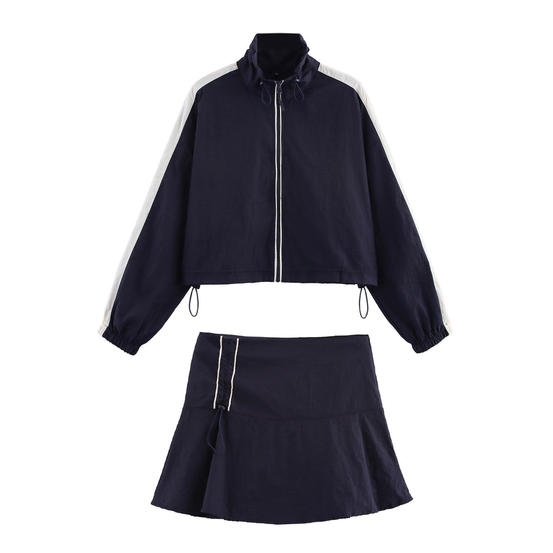 Damen Cropped Windbreaker-Jacke mit hohem Kragen, Tunnelzug und Kontraststreifen Shop Nory