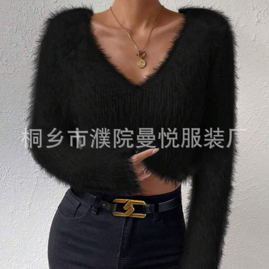 Damen Flauschiger Crop-Pullover mit V-Ausschnitt und Eyelash-Struktur Shop Nory