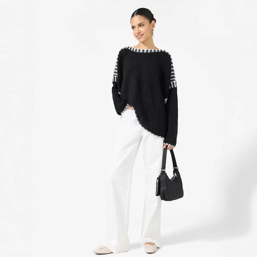Damen Oversize Grobstrickpullover mit Kontraststreifen an Schultern und Saum Shop Nory
