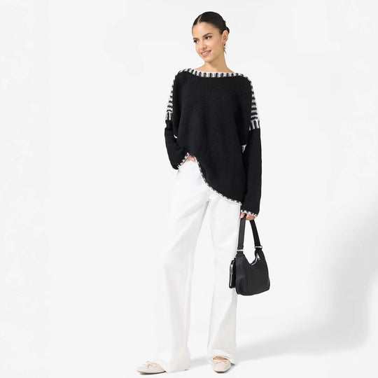 Damen Oversize Grobstrickpullover mit Kontraststreifen an Schultern und Saum Shop Nory