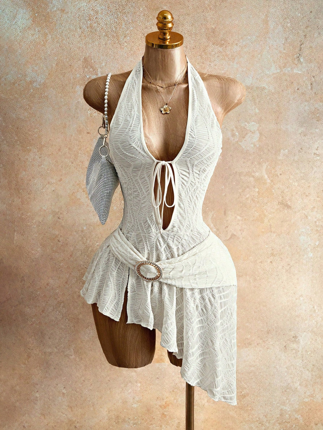 Damen nan figurbetontes Neckholder-Minikleid mit Schnürung, Cut-Out und asymmetrischem Wickelrock