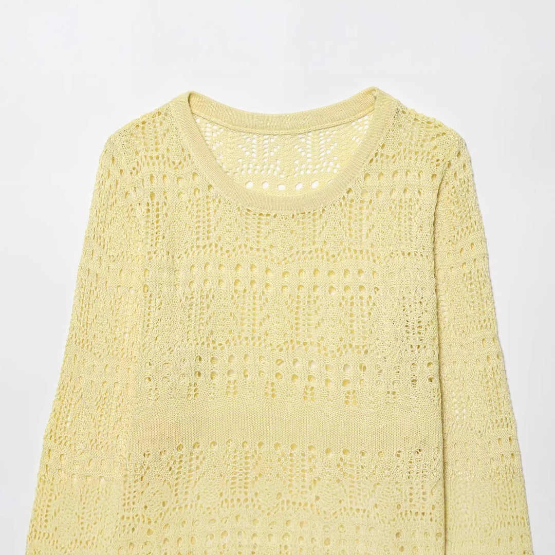 Damen Leichter Ajourstrick-Pullover mit Rundhalsausschnitt und Boxy-Cropped-Schnitt Shop Nory