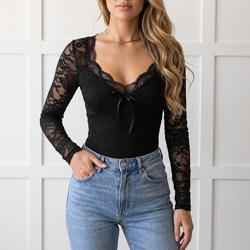 Damen Eleganter Spitzenbody mit V-Ausschnitt und Schleifen-Detail Shop Nory