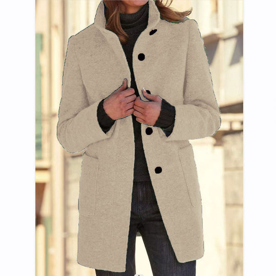 Damen Midilanger Wollmix-Mantel mit Stehkragen und aufgesetzten Taschen Shop Nory