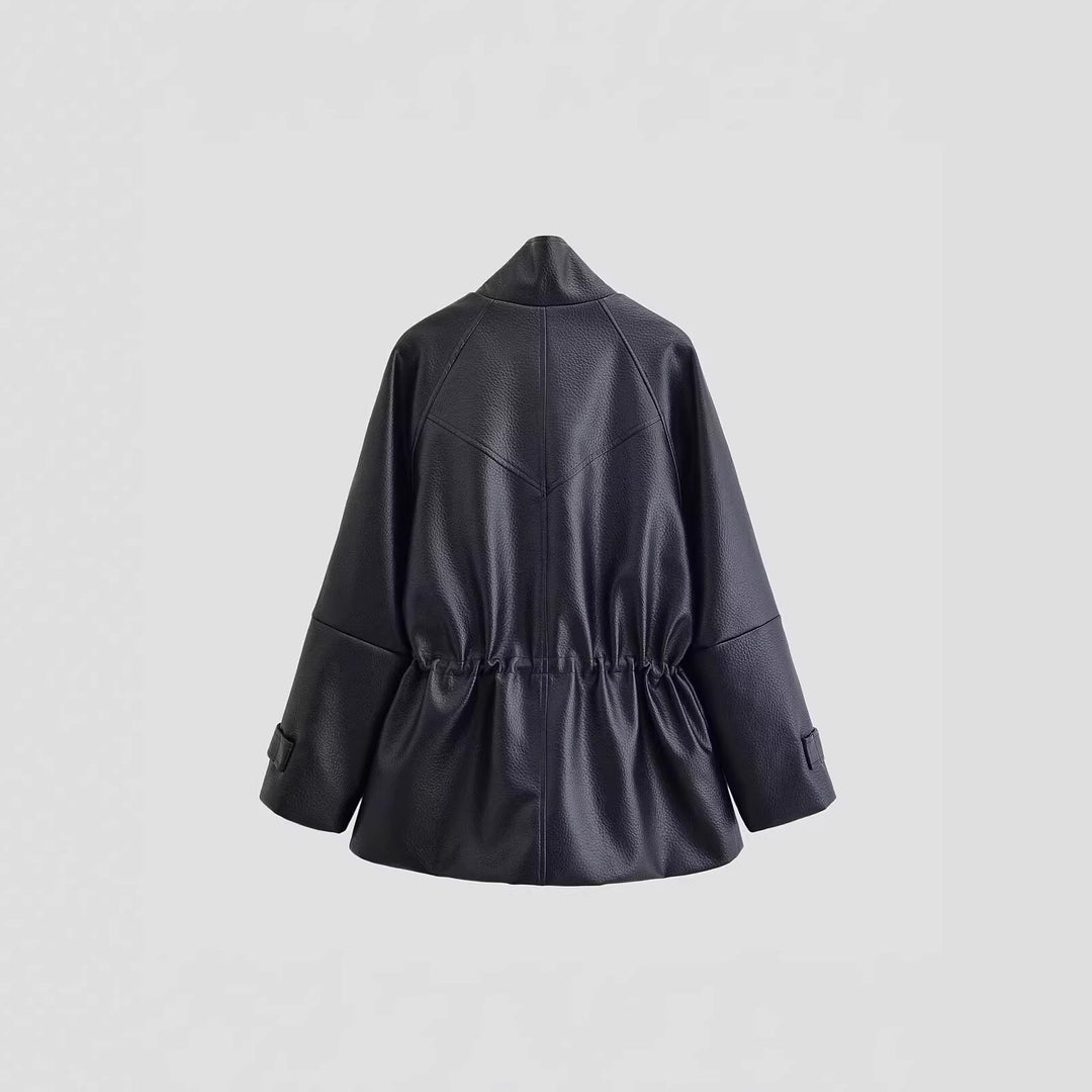 Damen Oversized Jacke in Lederoptik mit Stehkragen und Taillenkordel Shop Nory
