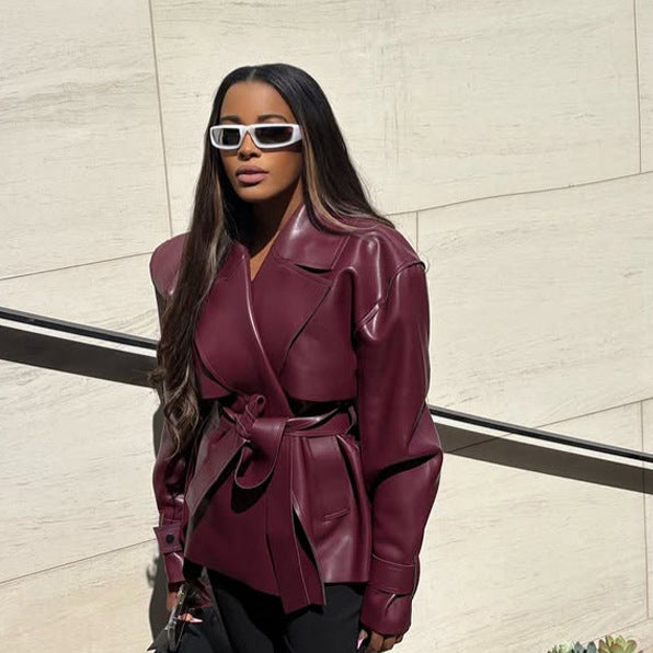 Damen Taillierter Lederimitat-Blouson mit Bindegürtel und voluminöser Schulterpartie Shop Nory