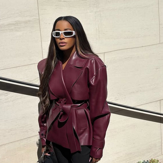Damen Taillierter Lederimitat-Blouson mit Bindegürtel und voluminöser Schulterpartie Shop Nory