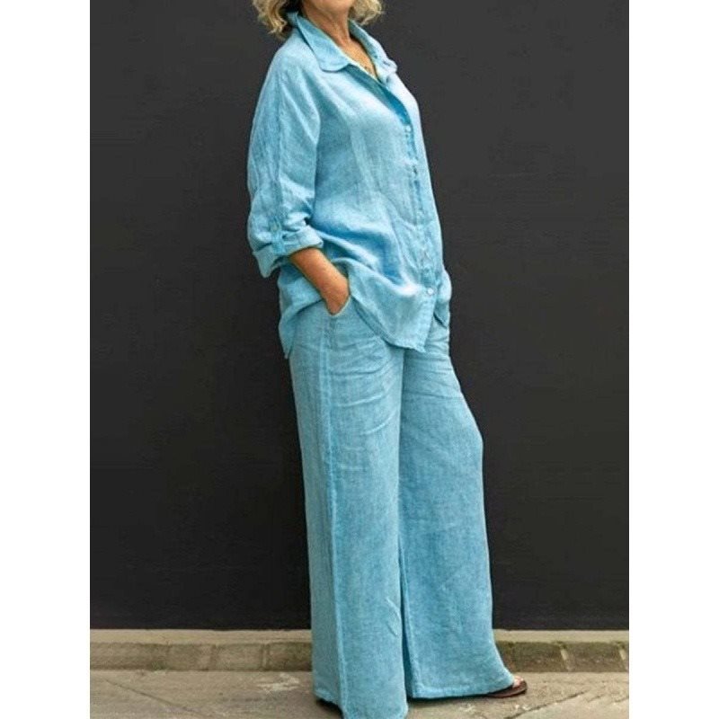Damen Leichtes Leinen-Loungewear-Set mit Oversized-Hemd und weiter Palazzo-Hose Shop Nory