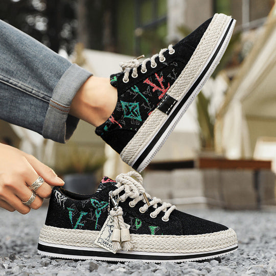 Damen Plateau-Espadrille-Sneaker mit besticktem Canvas, Quastenanhänger und geflochtener Bastsohle Shopy Nory