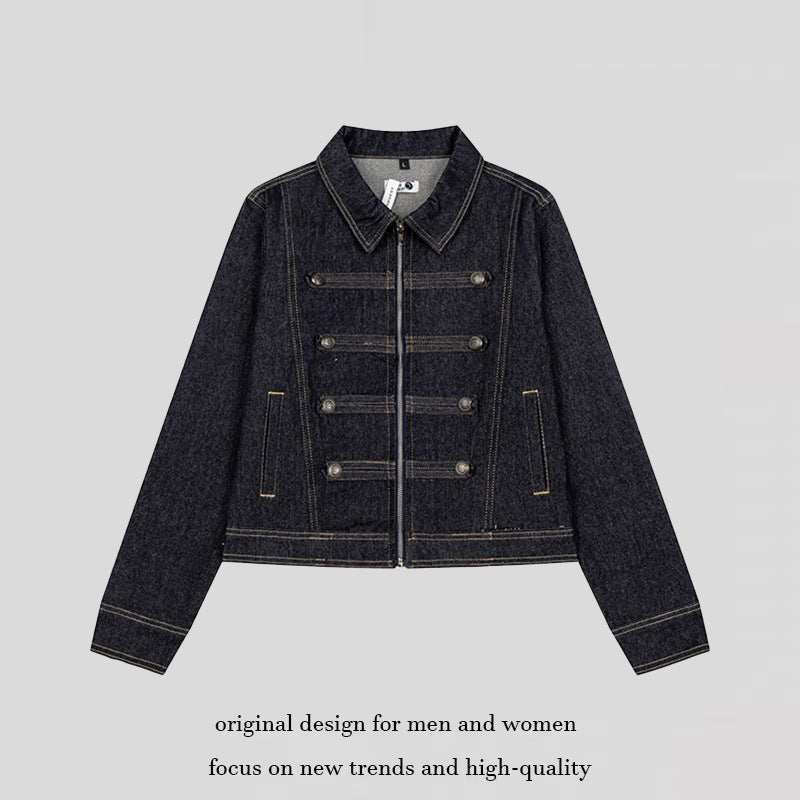 Damen kurze Jeansjacke im Military‑Stil mit Doppelreihen‑Knöpfen Shop Nory