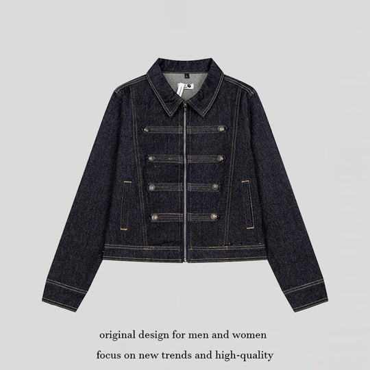 Damen kurze Jeansjacke im Military‑Stil mit Doppelreihen‑Knöpfen Shop Nory