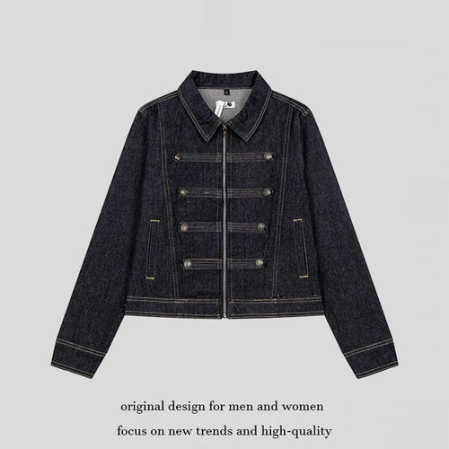 Damen kurze Jeansjacke im Military‑Stil mit Doppelreihen‑Knöpfen Shop Nory
