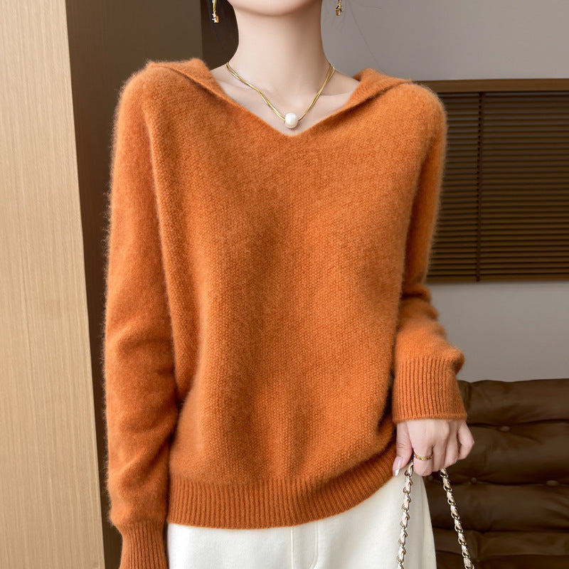 Damen Weicher Mohair‑Optik Kapuzenpullover mit V‑Ausschnitt und geripptem Saum Shop Nory