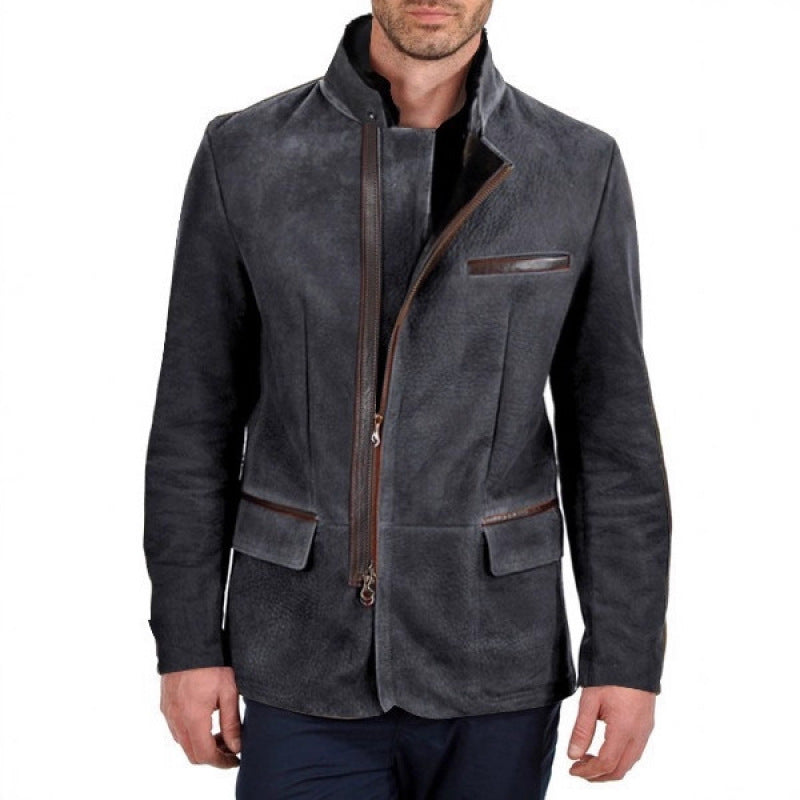 Herren Veloursleder-Fieldjacke im Fliegerstil mit Stehkragen, asymmetrischem beidseitig öffnendem Reißverschluss und kontrastierenden Lederbesätzen Shop Nory