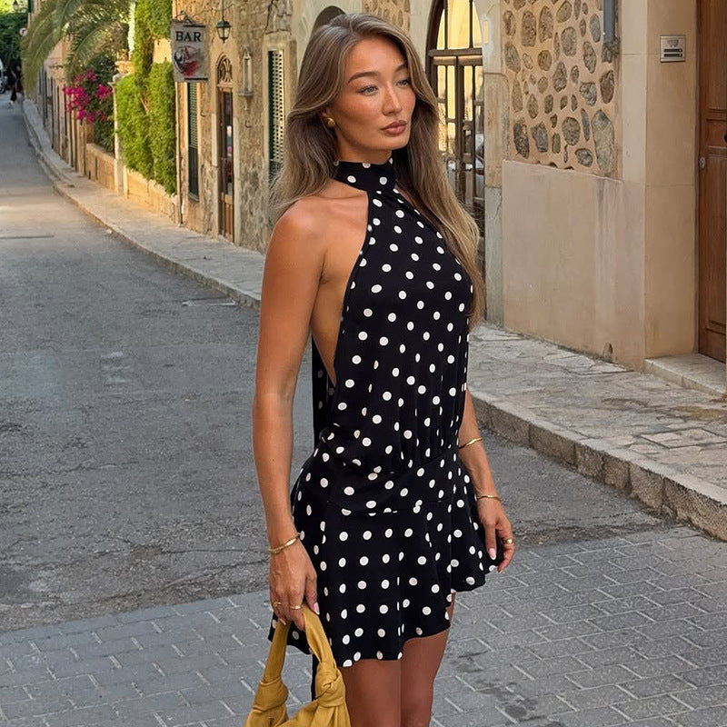 Damen luftiges Spitzenkleid mit Halterneck und punktuellem Muster
