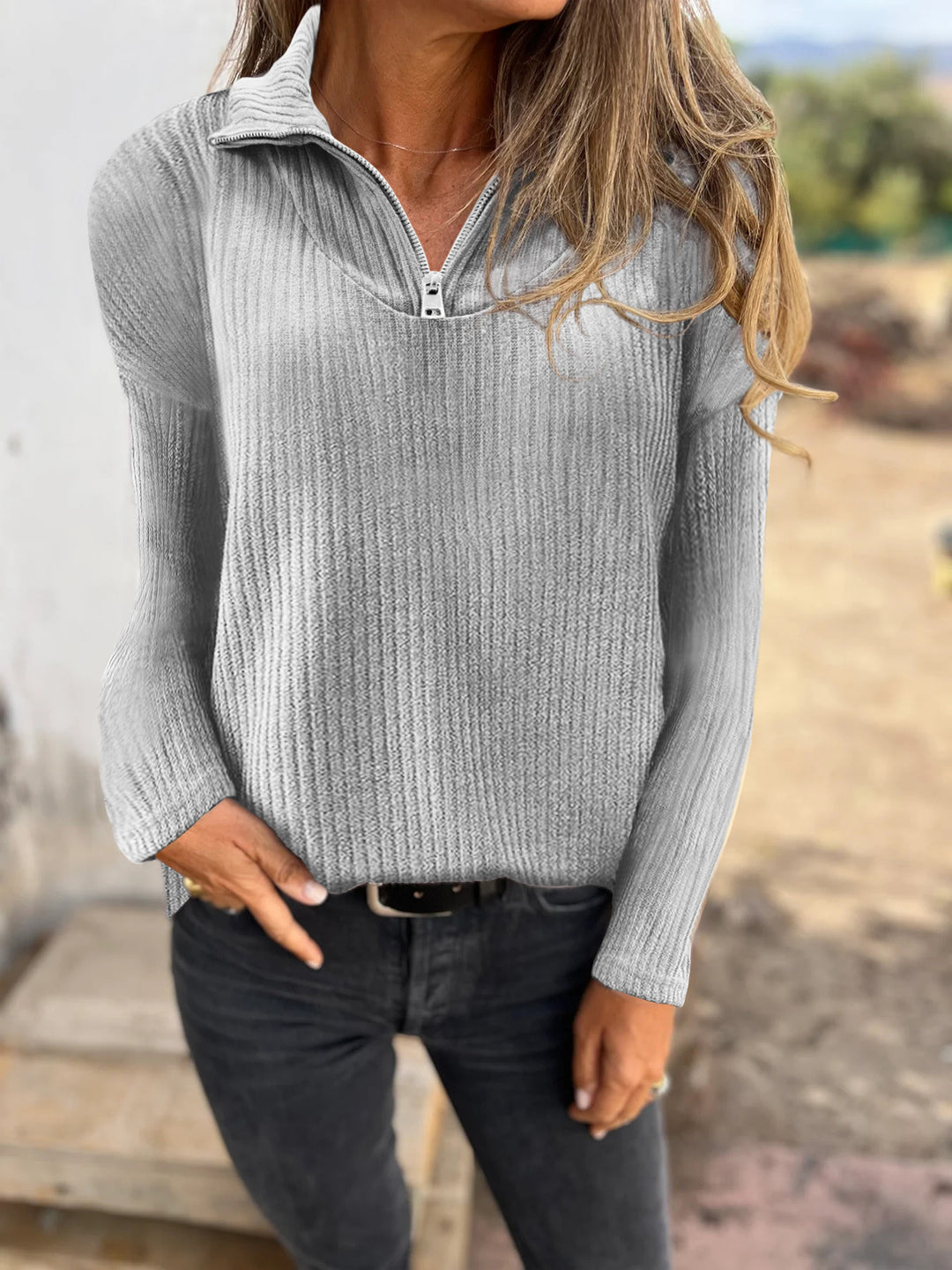 Damen Rippstrickpullover mit halbem Reißverschluss und Stehkragen Shop Nory