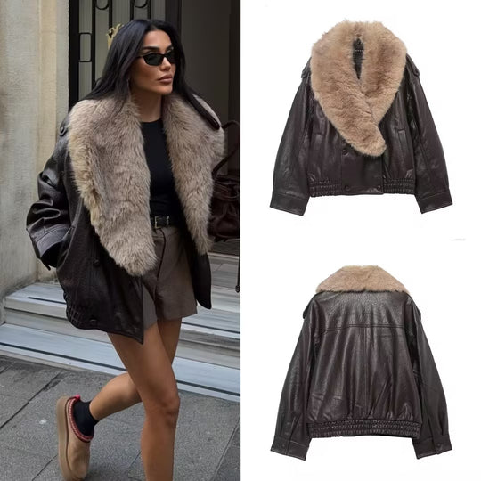 Damen Kurze Lederblousonjacke mit XXL-Fellkragen Shop Nory