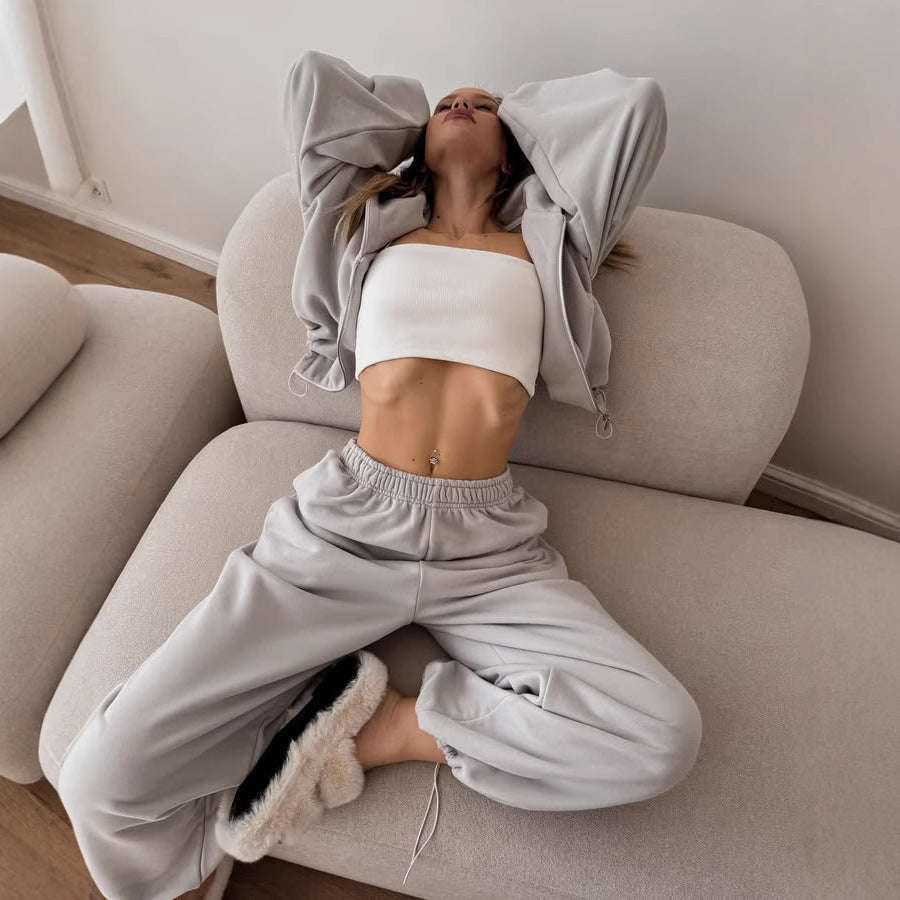 Damen oversized Kapuzenjacke mit Reißverschluss und weiten Jogginghose Lounge-Set Shop Nory