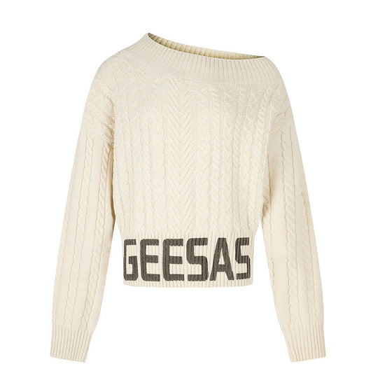 Damen Kurzer Zopfstrick-Pullover mit weitem Boat-Ausschnitt und markantem Logobund Shop Nory