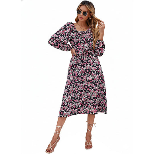 Damen GShop Norylümtes Midikleid mit gerafftem Rundhalsausschnitt, Taillenkordel und Ballonärmeln Shop Nory