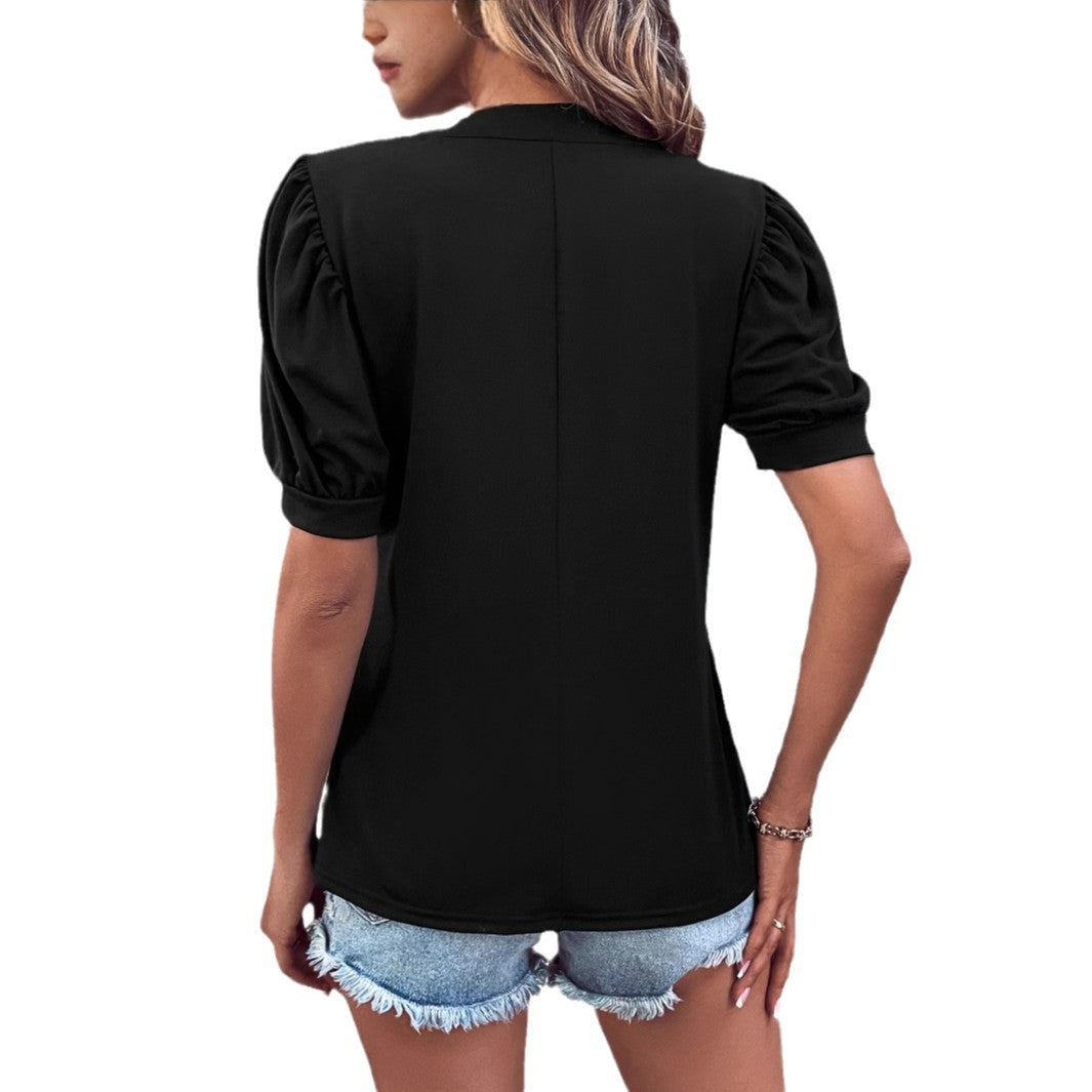 Damen elegantes Blusenshirt mit Puffärmel und V-Ausschnitt