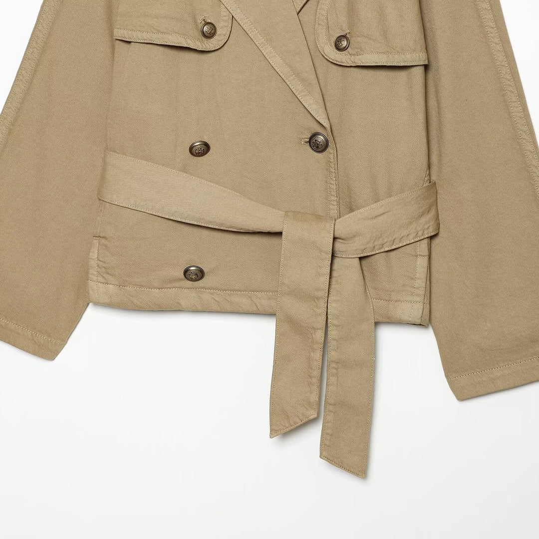 Damen Cropped Trench-Capejacke mit doppelreihiger Knopfleiste, Schulterpatten und Bindegürtel Shop Nory