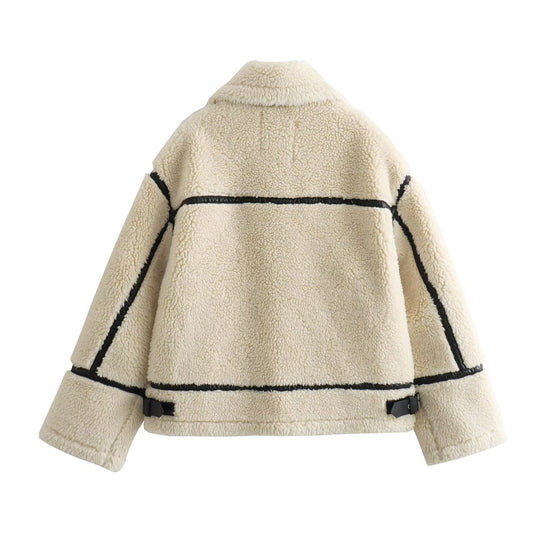 Damen Oversize-Teddyjacke im Aviator-Stil mit Kunstleder-Paspel, Stehkragen und Reißverschluss Shop Nory
