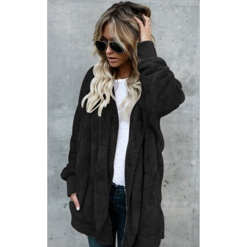 Damen Oversize Teddy‑Fleece‑Mantel mit offener Front, Eingrifftaschen und Rippbündchen Shop Nory