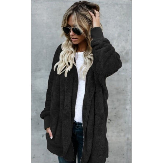 Damen Oversize Teddy‑Fleece‑Mantel mit offener Front, Eingrifftaschen und Rippbündchen Shop Nory