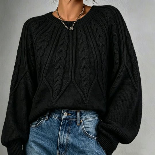 Damen kurzgeschnitteter Grobstrick-Zopfpullover mit Ballonärmeln Shop Nory