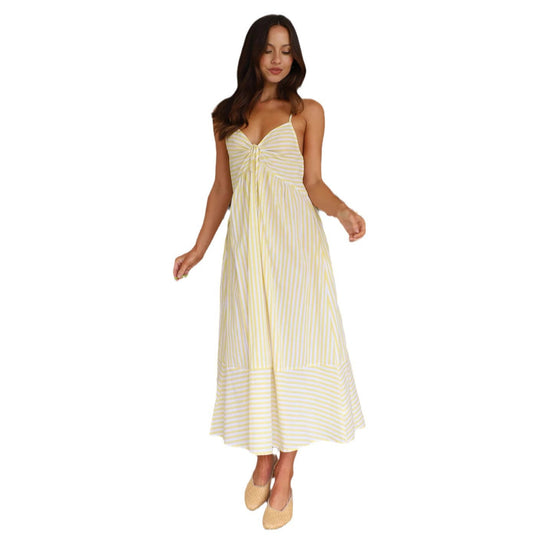 Damen gestreiftes Maxikleid mit verspieltem Oberteil und fließendem Rock