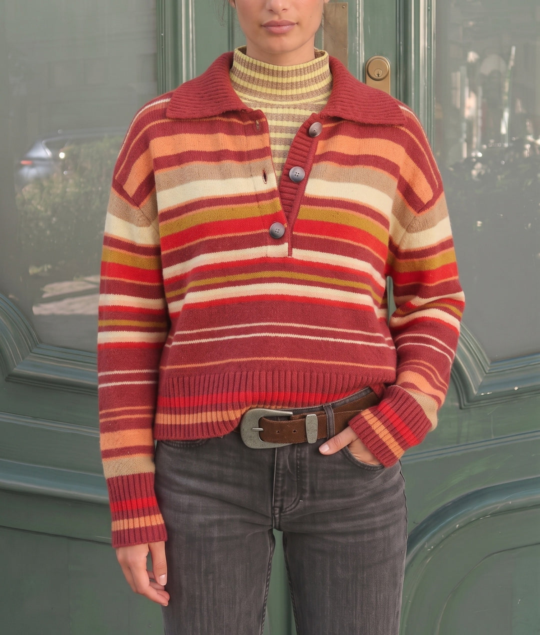 Damen Gestreifter Strickpullover mit Polokragen & Knopfleiste Shop Nory