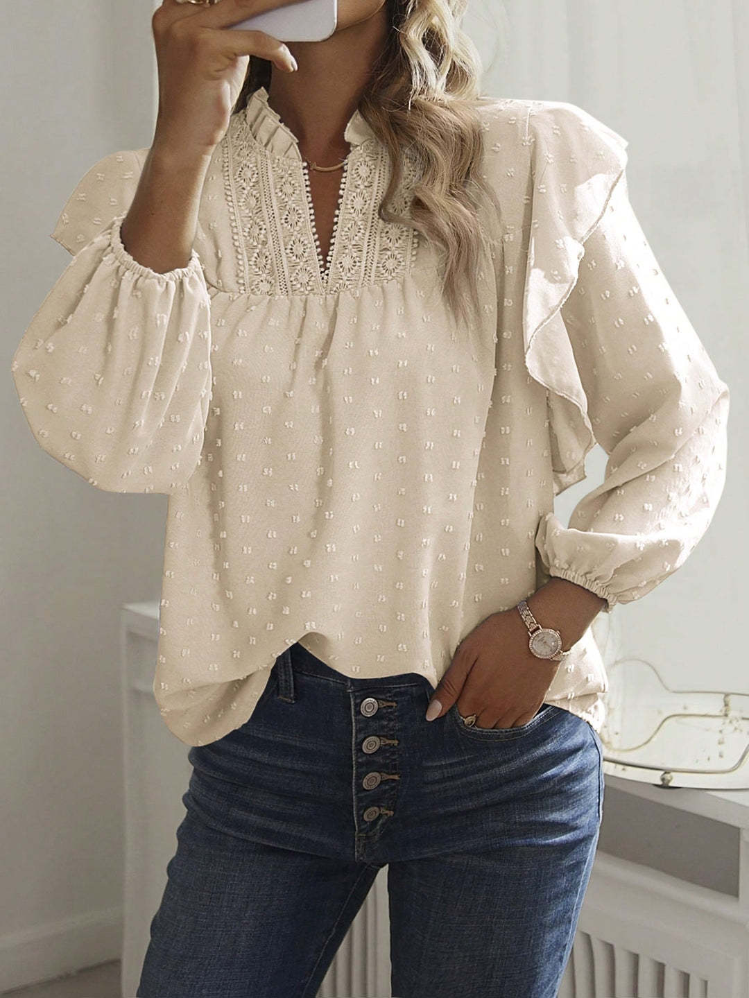 Damen Viskose-Bluse mit Spitzenstickerei und Volantärmeln Shop Nory