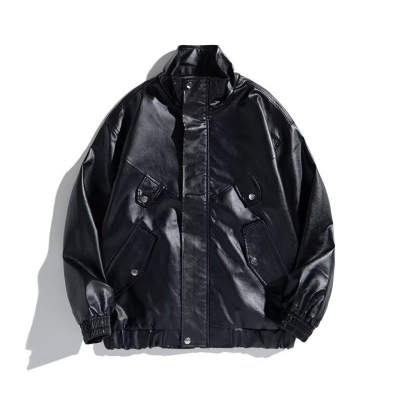 Herren Oversize Kunstleder-Bomberjacke mit Stehkragen, Pattentaschen und elastischem Saum Shop Nory