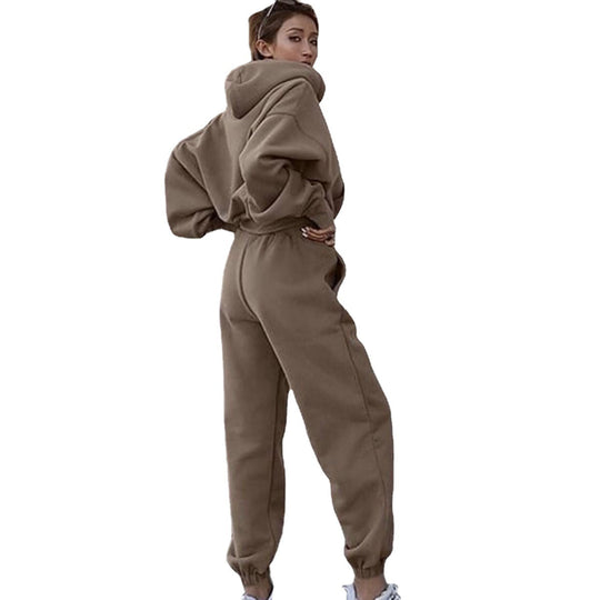 Damen kurzes Oversize-Kapuzenpullover-Set mit elastischer High-Waist-Jogginghose aus Baumwollfleece Shop Nory
