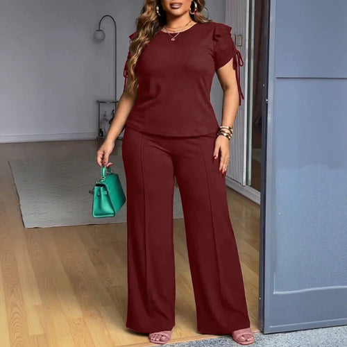Damen Zweiteiliges Jersey-Set mit taillierter Weitbein-Hose und Kurzärmeligem Knoten-Top Shop Nory