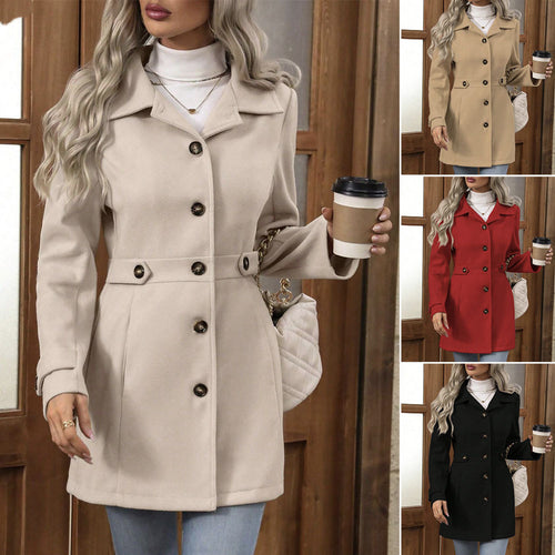 Damen taillierter knöpfbarer Kurzmantel mit Reverskragen und Gürtel-Details Shop Nory