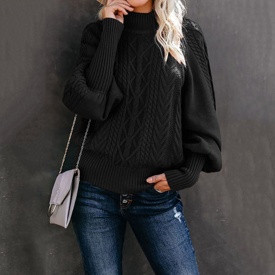 Damen Grobstrick-Pullover mit Zopfmuster, Stehkragen und Ballonärmeln Shop Nory