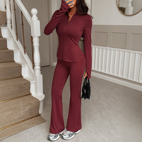Damen nan figurbetontes Stretch-Joggingset mit taillierter Reißverschluss-Jacke und ausgestellter Schlaghose Shop Nory