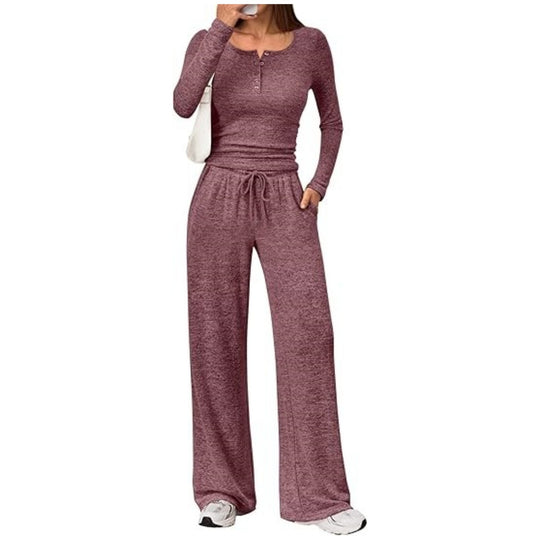 Damen Zweiteiliges Feinstrick-Lounge-Set mit Henley-Top und Palazzo-Hose Shop Nory