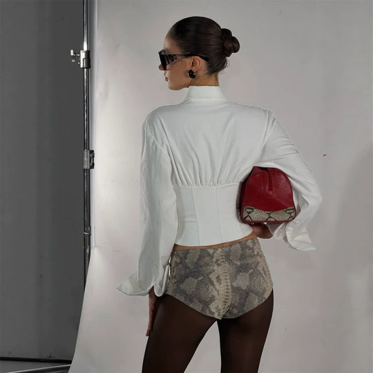 Damen Taillierter Korsett-Bustier mit integrierter Hemdbluse und Frontverschluss Shop Nory